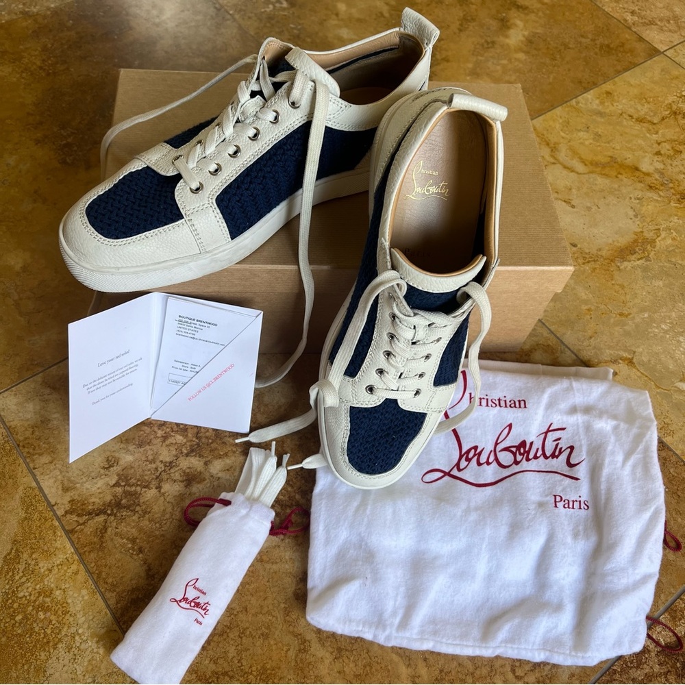 Men’s Christian Louboutin AC Rantulow Flat Jumbo Calf/Tricot in White/Navy - Picture 3 of 11